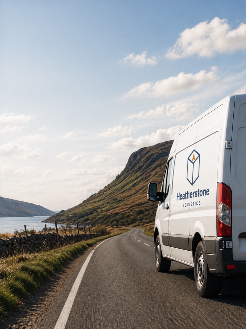 A white Heatherstone Logistics delivery van on a single-track road in the Scottish Borders, loch and hills behind under a high blue sky.